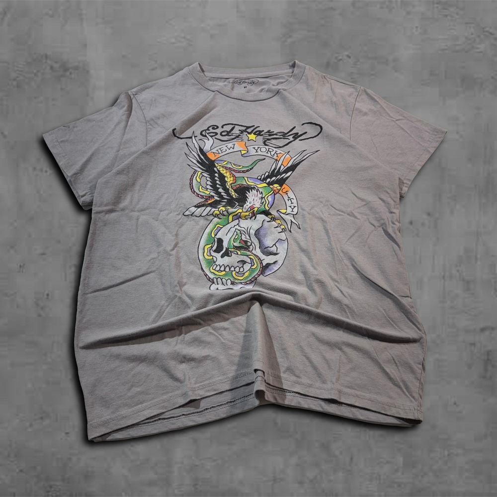 Y2K Relaxed Grey Ed Hardy Graphic 2000s Streetwear Tee